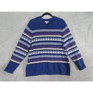 Croft & Barrow Sweater‎ XL Blue Fair Isle Knit Cotton Blend Crew Neck Winter